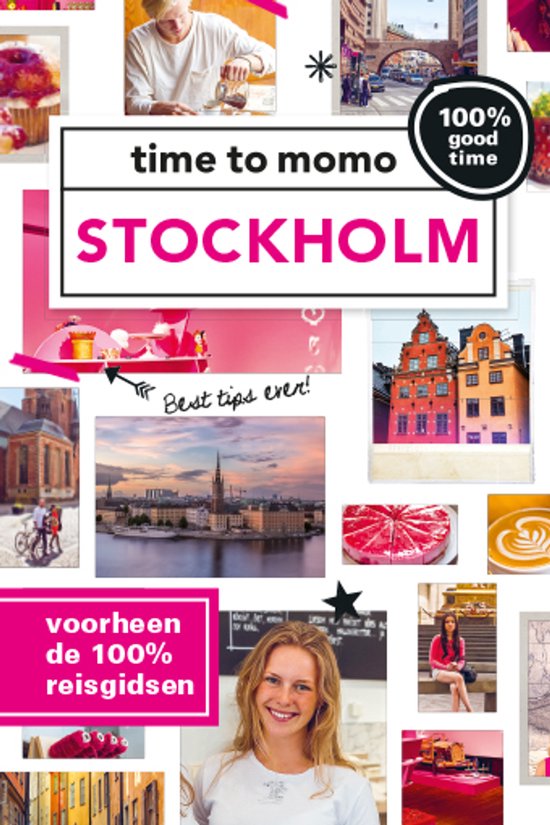 Boekcover 'Time to Momo Stockholm' met foto van een vrouw, gebouwen en stadsaanzicht.