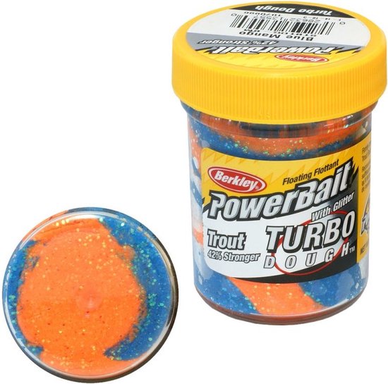 Berkley PowerBait Trout Turbo Dough met glitter, oranje en blauwe kleuren.