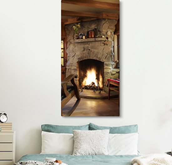 Peinture sur toile 80x160 cm - Décoration murale Feu brûlant dans une cheminée - Décoration murale murale salon - Décoration chambre - Accessoires de chambre - Peintures