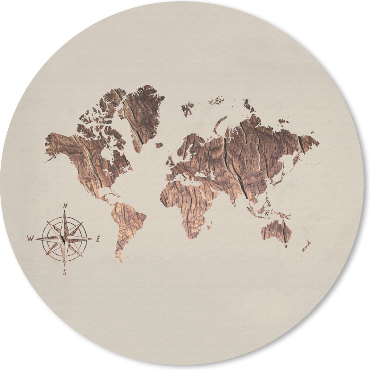 Muismat rond 20x20 cm - Mousepad Wereldkaart - Hout - Kompas - Ronde muismatten