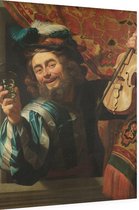 Een vrolijke vioolspeler, Gerard van Honthorst - Foto op Dibond - 60 x 80 cm