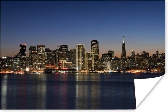 Skyline van San Fransisco bij nacht Poster 90x60 cm - Foto print op Poster (wanddecoratie woonkamer / slaapkamer) / Amerikaanse steden Poster