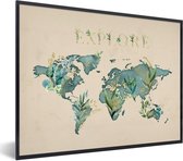 Fotolijst incl. Poster - Wereldkaart - Planten - Turquoise - 80x60 cm - Posterlijst