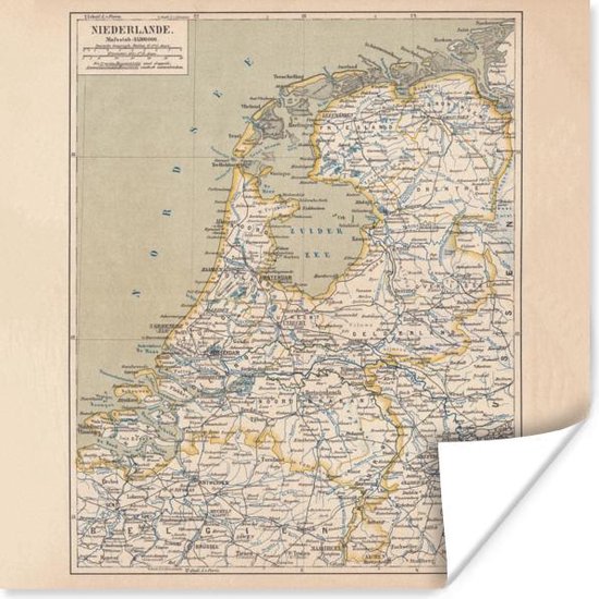 Poster Kaart - Vintage - Nederland - 100x100 cm XXL