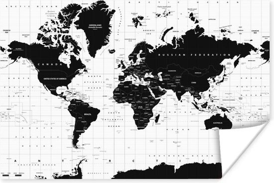 schaamte twee Wiskundig Muurdecoratie - Wereldkaart - Zwart - Wit - Atlas - Aarde - Educatief -  150x100 cm -... | bol.com