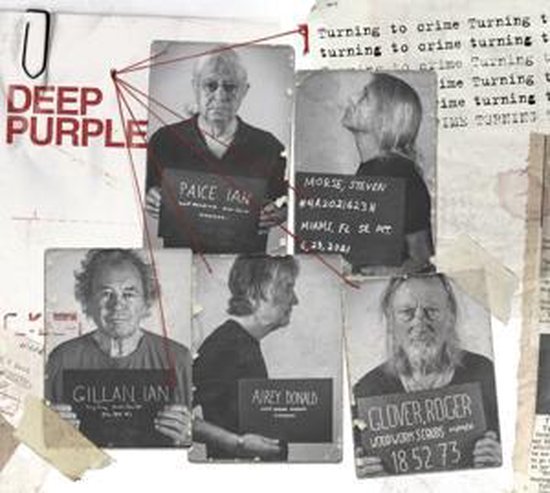 Deep Purple 'Turning to Crime' albumhoes met vijf politie ID-foto's van bandleden: Ian Paice, Steven Morse, Ian Gillan, Donald Airey, Roger Glover.