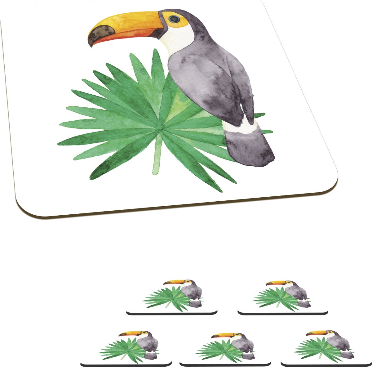 Onderzetters voor glazen - Toekan - Vogel - Blad - 10x10 cm - Glasonderzetters - 6 stuks