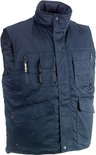 Donkerblauwe bodywarmer met hoge kraag, meerdere voorzakken en oranje accenten.