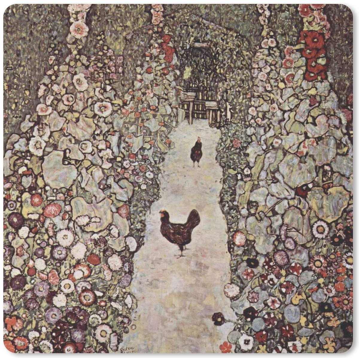 Muismat 20x20 cm - Mousepad Tuinpad met kippen - schilderij van Gustav Klimt - Muismatten