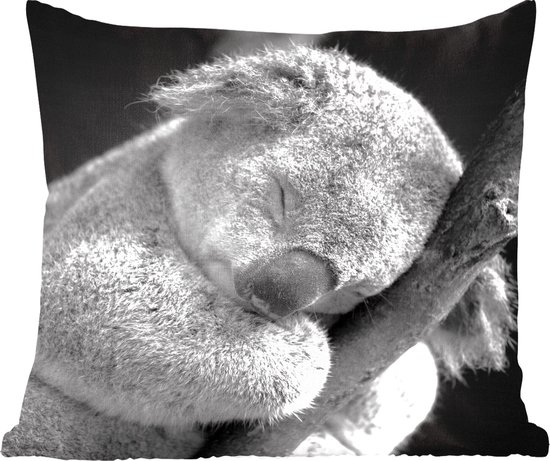 Sierkussen - Slapende Koala Op Zwarte Achtergrond In Zwart-wit - Zwart En Wit - 60 Cm X 60 Cm
