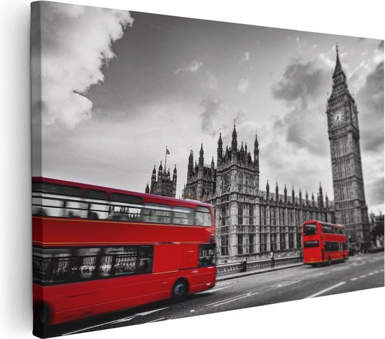 Artaza Canvas Schilderij Rode Bussen in Londen - Retro - 30x20 - Klein - Foto Op Canvas - Canvas Print