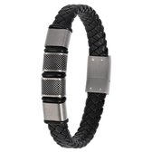 Lucardi Heren Armband met gevlochten zwart leer - Leer - Armband - Cadeau - Vaderdag - 21 cm - Zwart