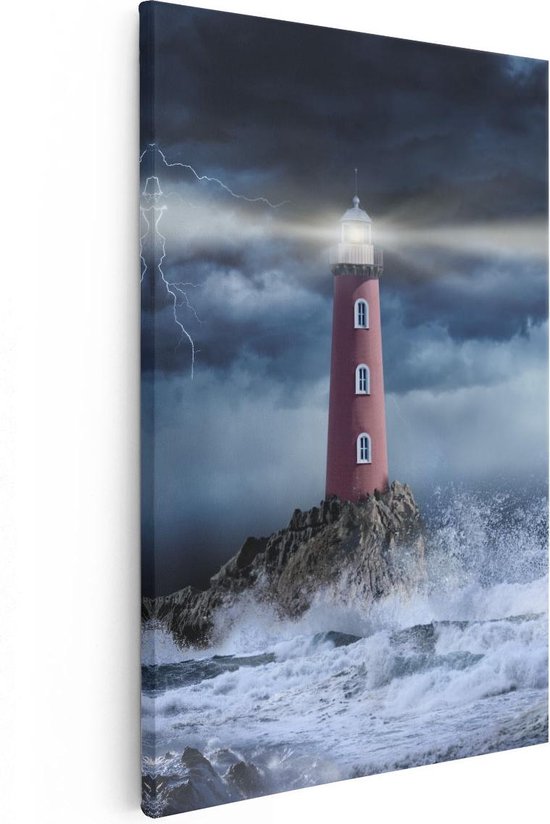 Artaza Canvas Schilderij Vuurtoren op een Storm Zee met Golfen Water - 60x90 - Foto Op Canvas - Canvas Print