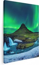 Artaza Canvas Schilderij Noorderlicht bij de Watervallen in IJsland - 30x40 - Klein - Foto Op Canvas - Canvas Print
