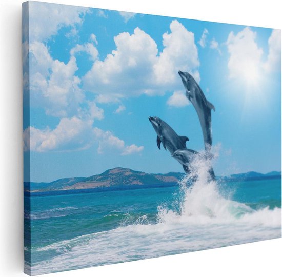 Artaza Canvas Schilderij Dolfijnen Springen uit het Water - 80x60 - Foto Op Canvas - Canvas Print