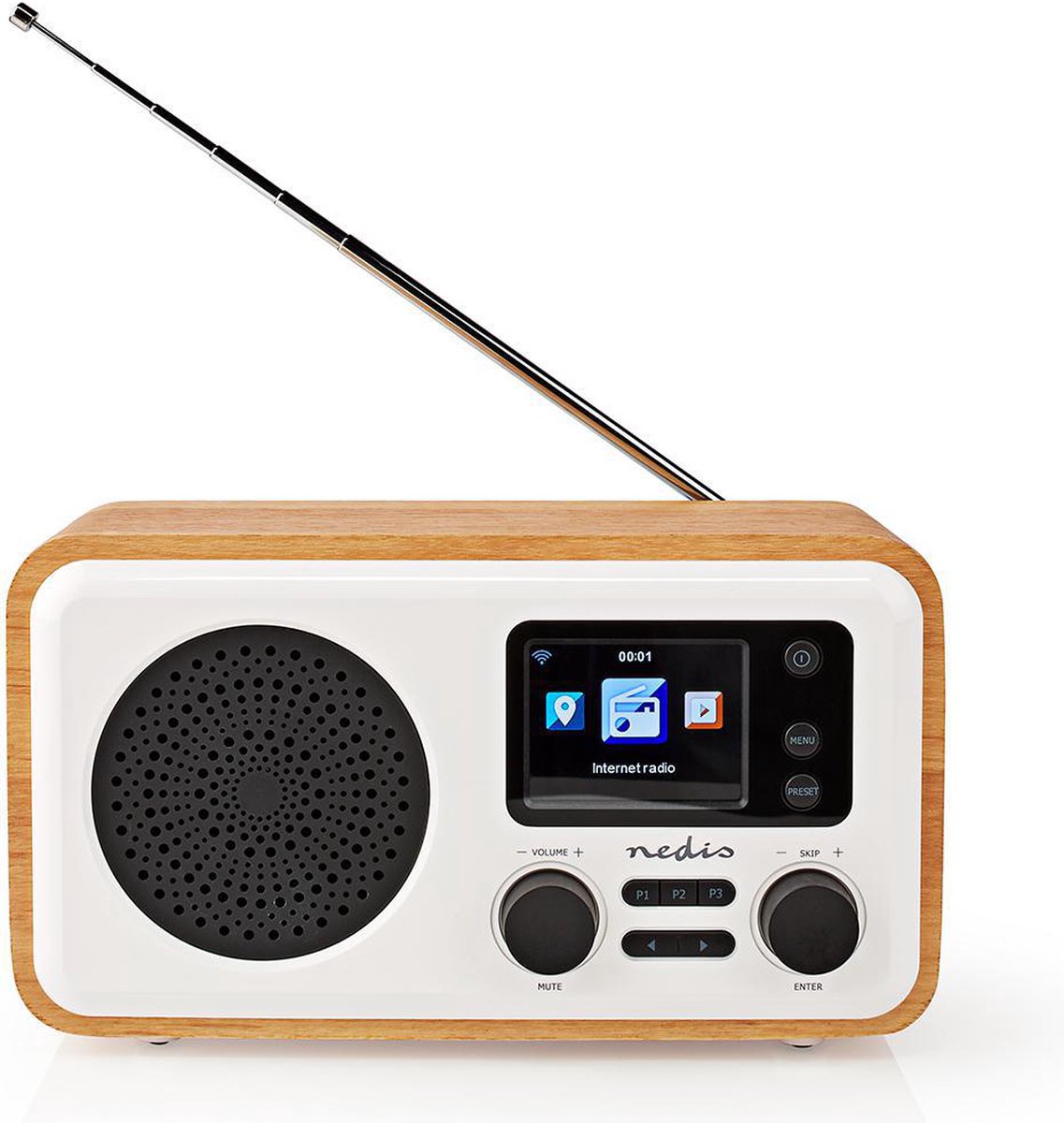 Nedis Internetradio - Tafelmodel - Bluetooth® / Wi-Fi - DAB+ / FM / Internet - 2.4 " - Kleurenscherm - 7 W - Afstandbestuurbaar - App-gestuurd - Wekker - Slaaptimer - Bruin / Wit
