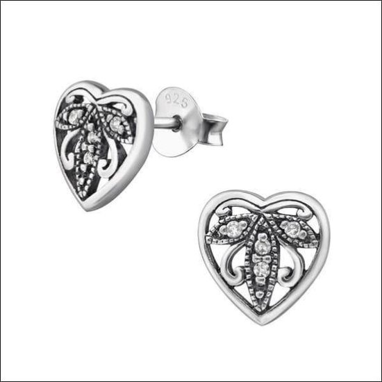 Aramat jewels ® - Geoxideerde zilveren oorbellen hart zirkonia 925 zilver 8mm transparant dames