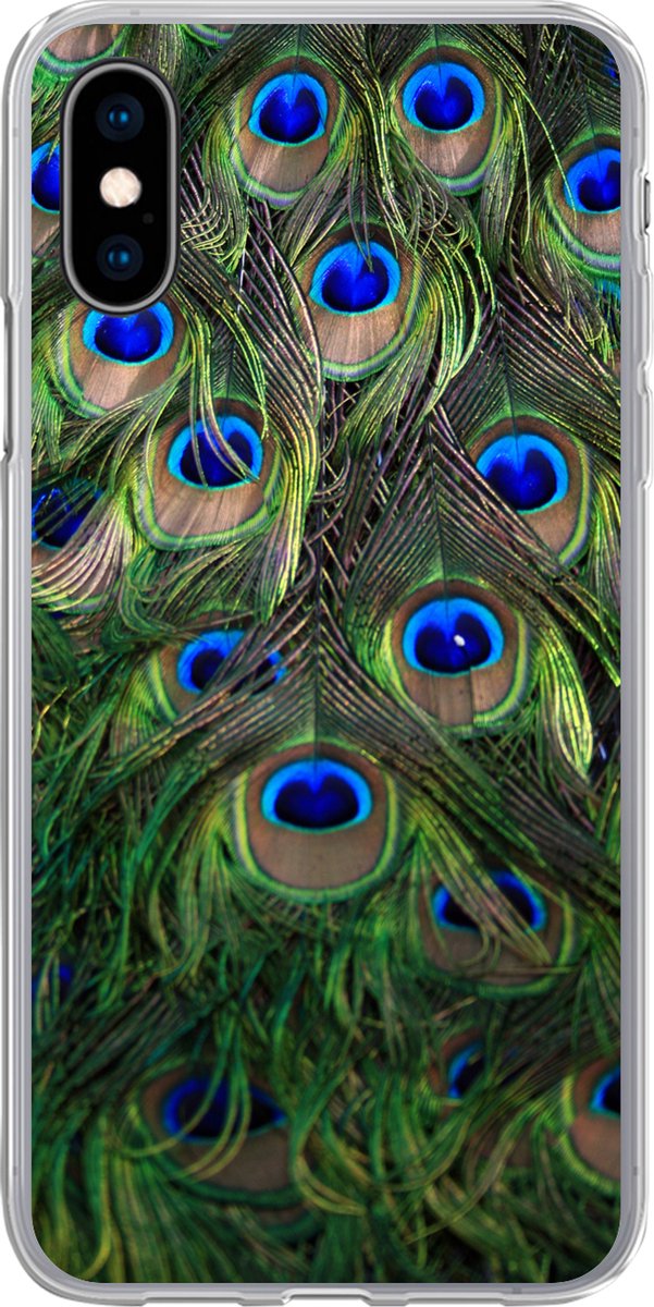 Telefoonhoesje Geschikt voor iPhone X hoesje - Close-up van veren van een pauw - Siliconen Telefoonhoesje Telefoonhoesje
