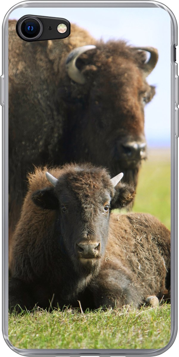 Telefoonhoesje Geschikt voor iPhone 8 hoesje - Buffel - Gras - Kalf - Siliconen Telefoonhoesje Telefoonhoesje