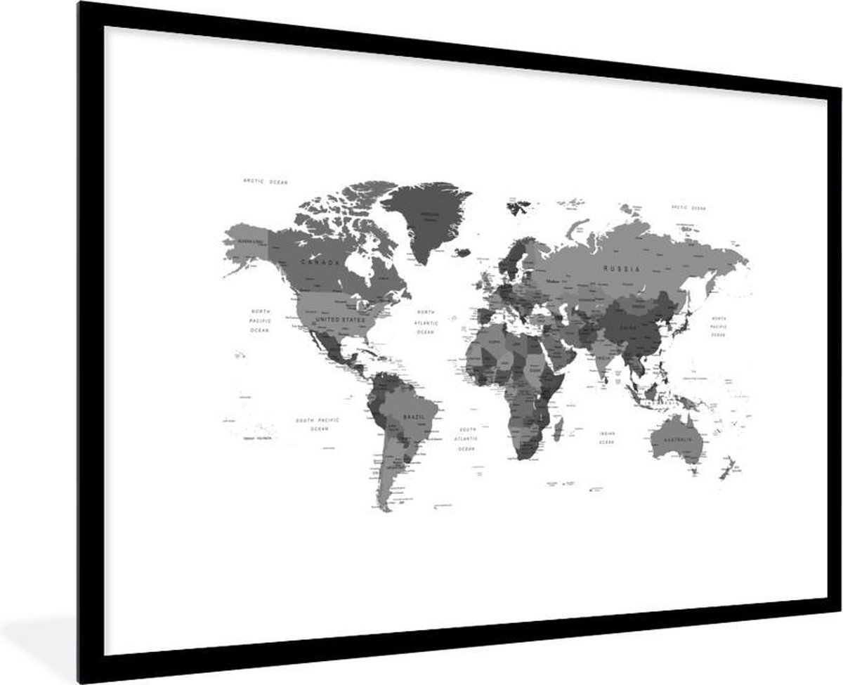 Fotolijst incl. Poster Zwart Wit- Mannelijke wereldkaart - zwart wit - 120x80 cm - Posterlijst