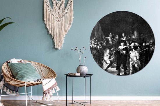 WallCircle® Wandcirkel 150x150 cm - Muurcirkel De Nachtwacht - Schilderij van Rembrandt van Rijn - zwart wit - Muurdecoratie woonkamer - Wanddecoratie slaapkamer - Kamer decoratie accessoires - Ronde schilderijen