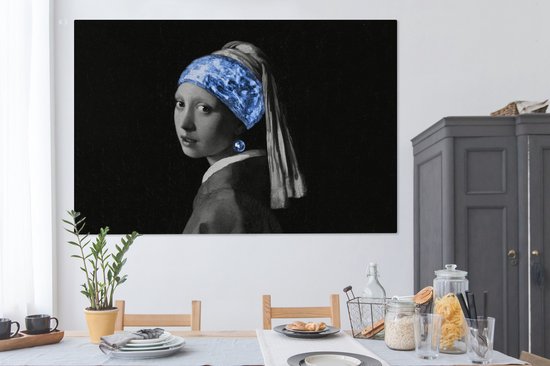 Tableau sur toile Fille à la boucle d'oreille en perle - Vermeer - Blauw - 150x100 cm - Décoration murale