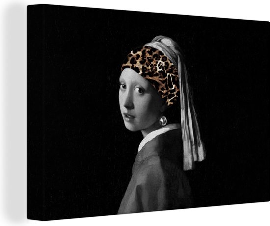 Peinture sur toile Fille à la boucle d'oreille en perle - Serre-tête - Imprimé panthère - 90x60 cm - Décoration murale