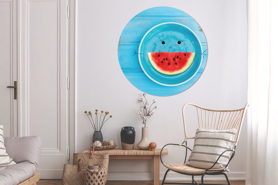 Pastèque sur assiette bleue avec visage Assiette en plastique cercle mural - ⌀ 150 cm - peinture ronde - impression photo sur cercle mural plastique (forex) / cercle vivant / (décoration murale)