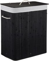 Relaxdays wasmand 2 vakken - bamboe wasbox - 95 liter - opvouwbaar - met deksel - zwart