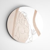 Muurcirkel met een vrouwelijk silhoutte zonder kleren | Moderne line art muurcirkel dibond | Line art vrouw beige