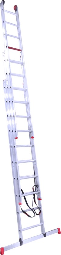Lichtgewicht aluminium reformladder met rode doppen, uitgeschoven tot 6.65m.