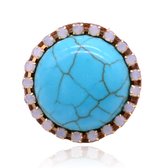 Handgemaakte ronde verstelbare Ibiza ring blauw van leer met kristallen en turkoois