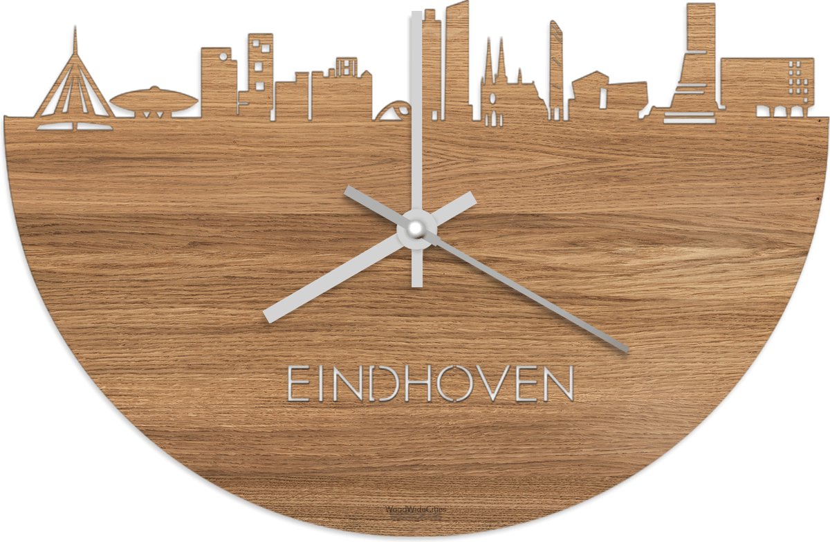 Skyline Klok Eindhoven Eikenhout - Ø 40 cm - Stil uurwerk - Wanddecoratie - Meer steden beschikbaar - Woonkamer idee - Woondecoratie - City Art - Steden kunst - Cadeau voor hem - Cadeau voor haar - Jubileum - Trouwerij - Housewarming - WoodWideCities