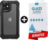 Backcover Shockproof Carbon Hoesje iPhone 12 Zwart - Gratis Screen Protector - Telefoonhoesje - Smartphonehoesje - Zonder Screen Protector
