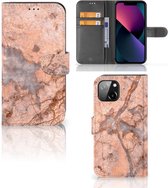 Wallet Book Case Geschikt voor iPhone 13 Telefoon Hoesje Marmer Oranje
