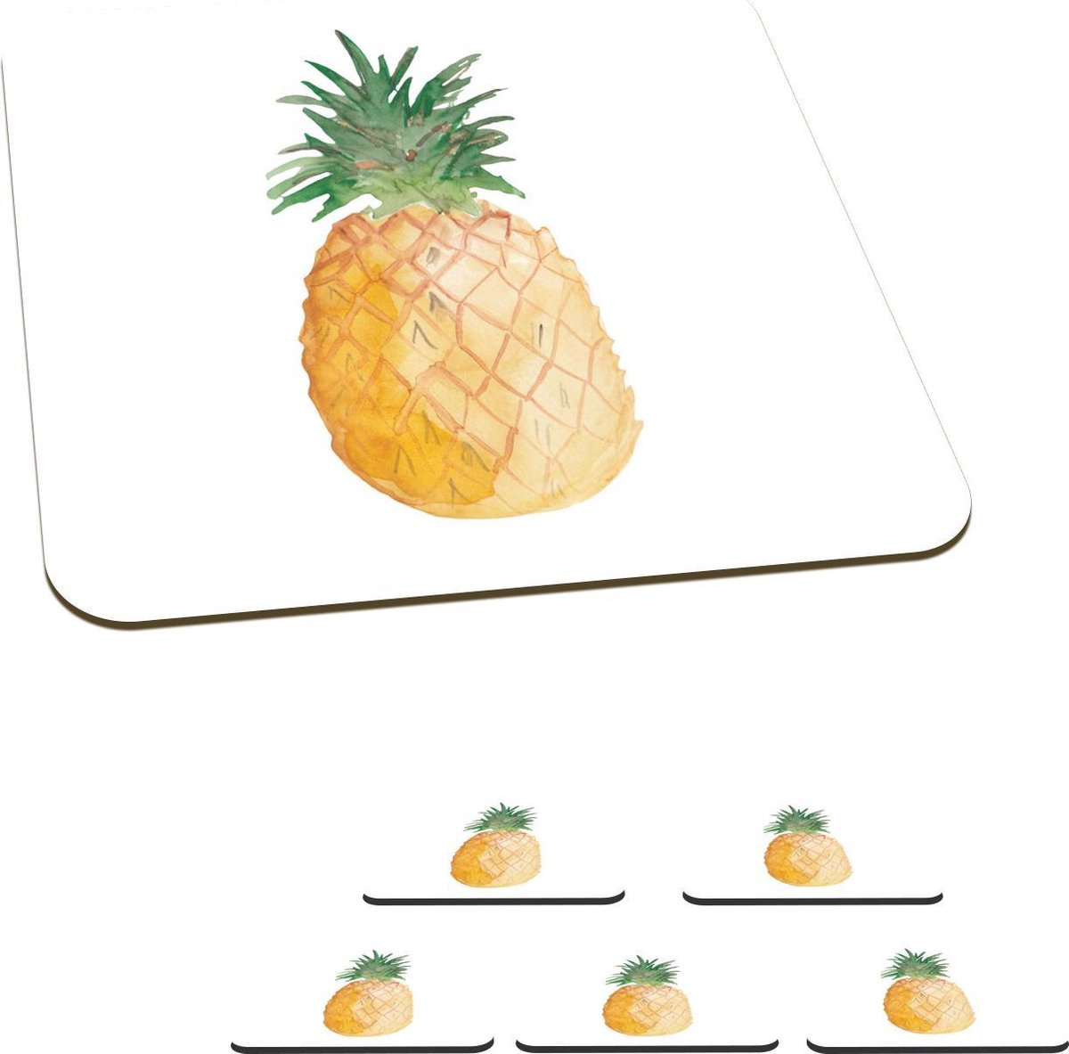 Onderzetters voor glazen - Ananas - Aquarelverf - Wit - 10x10 cm - Glasonderzetters - 6 stuks