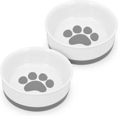 Navaris set van 2 voerbakjes - Voor hond en kat - Etensbak en waterbak van porselein - Met siliconen antislip onderzijde - Wit/Grijs