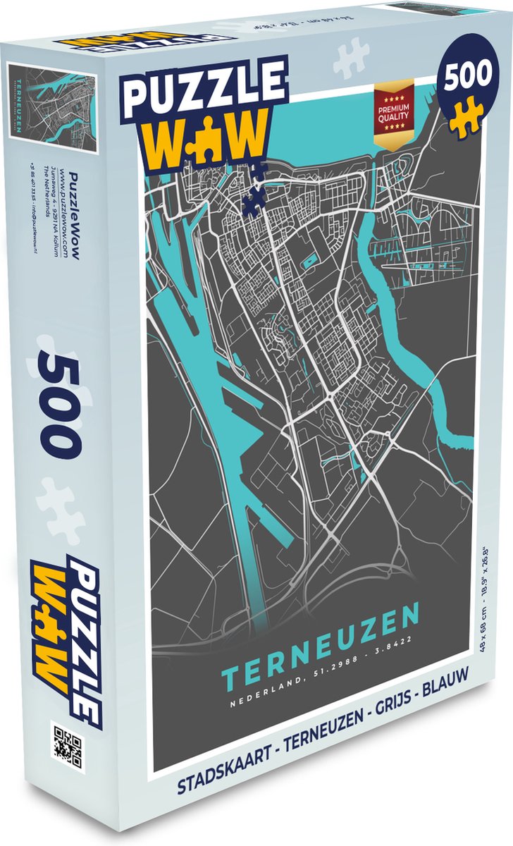 Puzzel Stadskaart - Terneuzen - Grijs - Blauw - Legpuzzel - Puzzel 500 stukjes - Plattegrond