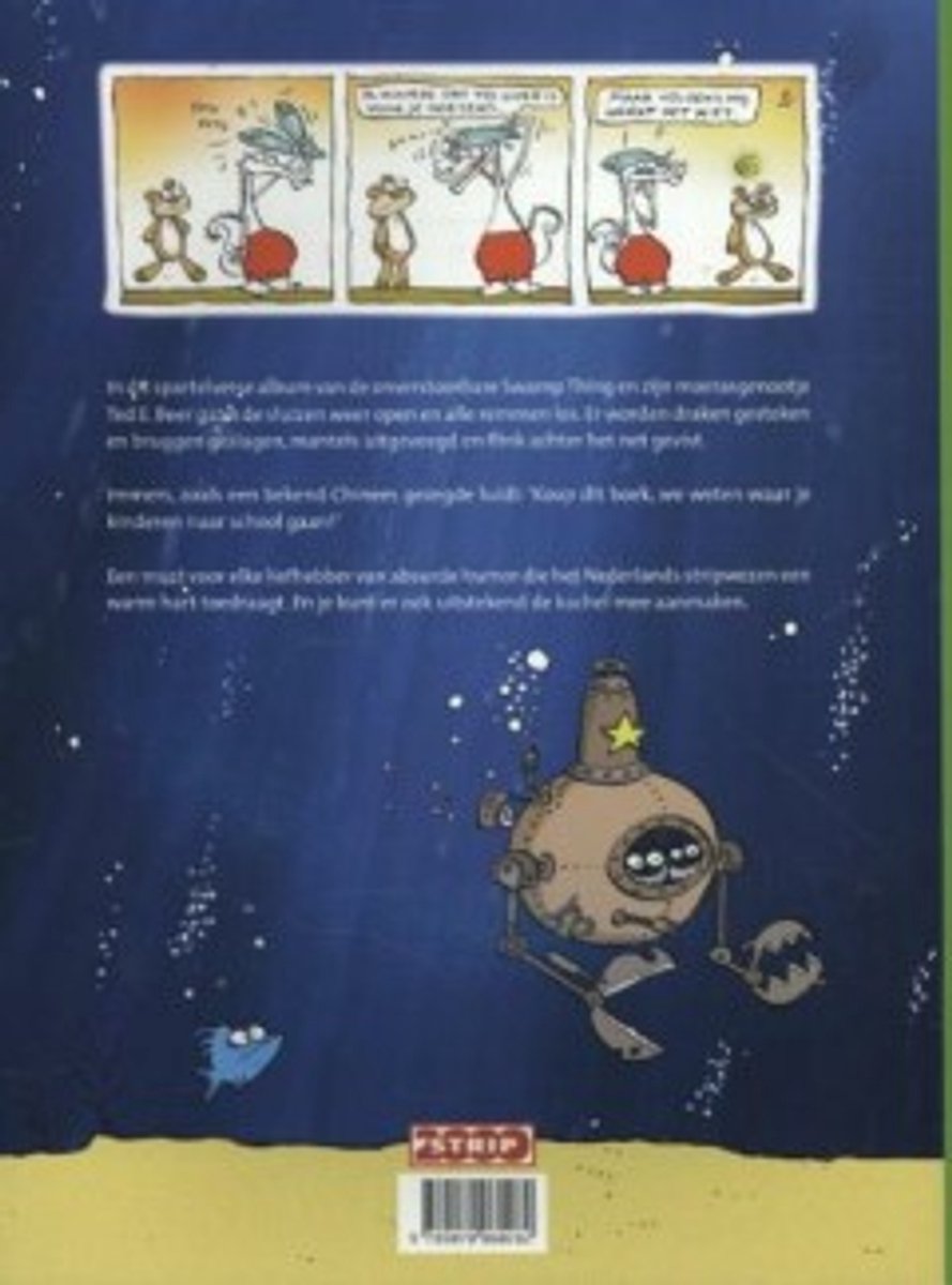 Achterkant van het boek 'Swamp Thing - Duikt weer op' met een cartoon van een onderzeeër, vissen, en drie strips.