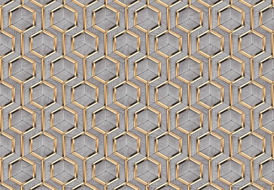 Fotobehang - Vlies Behang - Gouden Hexagons op Grijs Hout - 460 x 300 cm