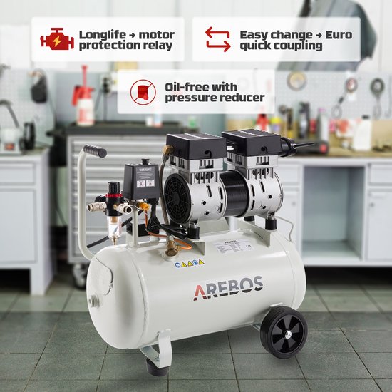 Compresseur d'air AREBOS Whisper Compressor Compresseur d'air comprimé 800  W avec 24 L | bol