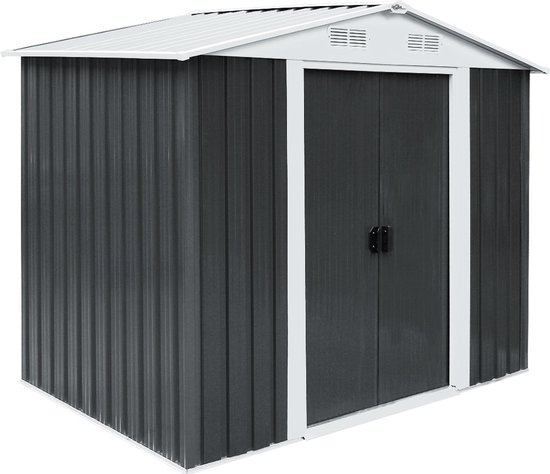 Donkergrijs metalen tuinhuis met witte kozijnen en dubbele deuren.