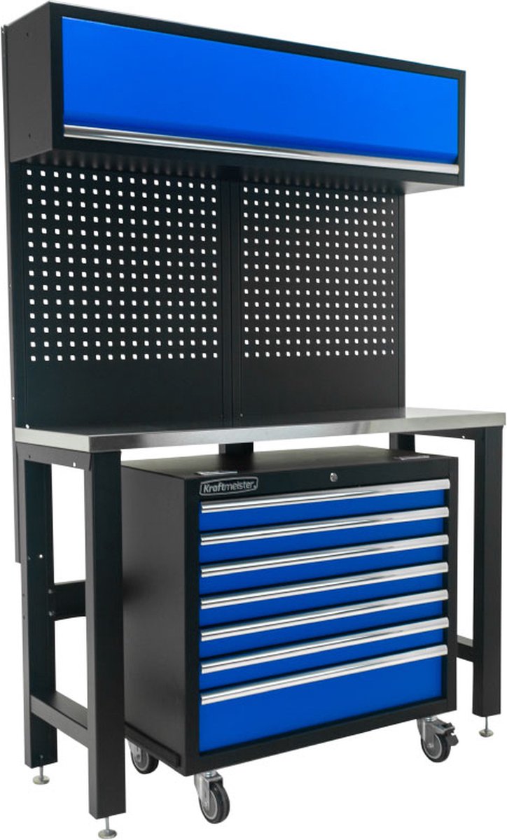 Kraftmeister werkbank met wandkast en gereedschapswagen RVS 136 cm blauw