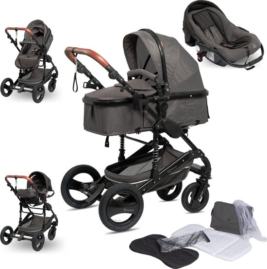 Foto: Bronea exquise luxe multi functionele kinderwagen 3 in 1 grijs zwart incl matras buggy autostoel luiertas regenhoes voetenwarmer muggen net zonneklep