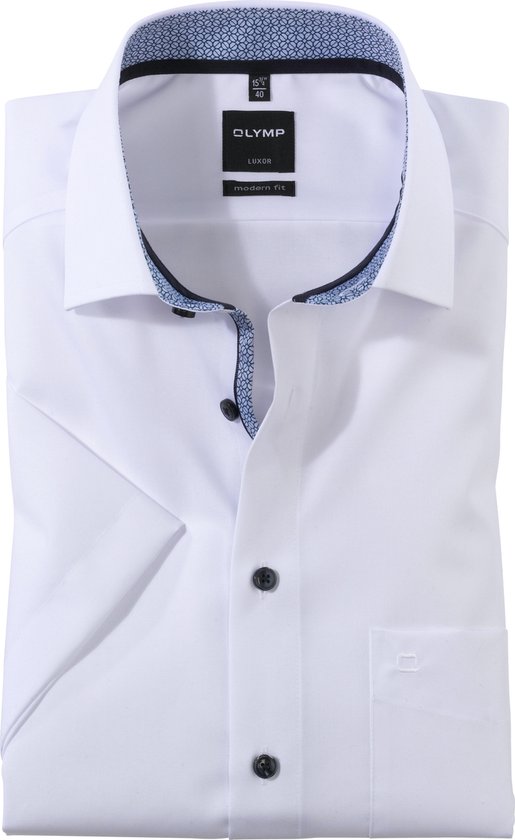 OLYMP Luxor modern fit overhemd - korte mouw - wit (blauw contrast) - Strijkvrij - Boordmaat:
