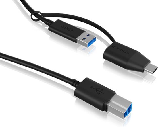 ICY BOX USB-kabel USB 3.2 Gen1 (USB 3.0 / USB 3.1 Gen1) USB-C stekker, USB-A stekker, USB-B stekker 1.00 m Zwart 60858