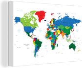 Canvas Wereldkaart - 30x20 - Wanddecoratie Wereldkaart - Kleuren - Topografie - Kinderen - Jongens - Meisjes