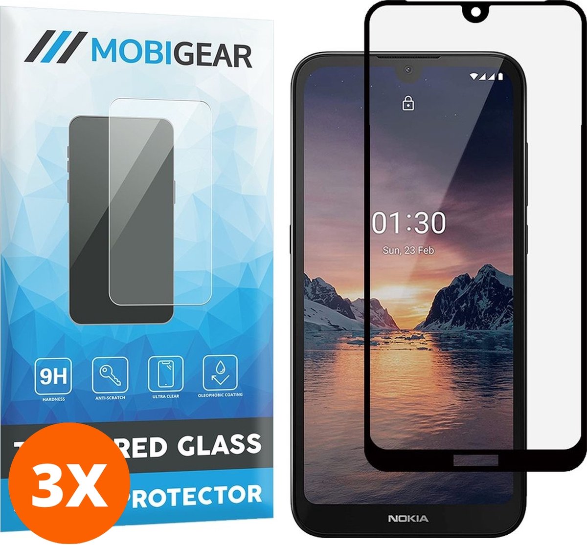 Mobigear Screenprotector geschikt voor Nokia 1.3 Glazen | Mobigear Premium Screenprotector - Case Friendly - Zwart (3-Pack)