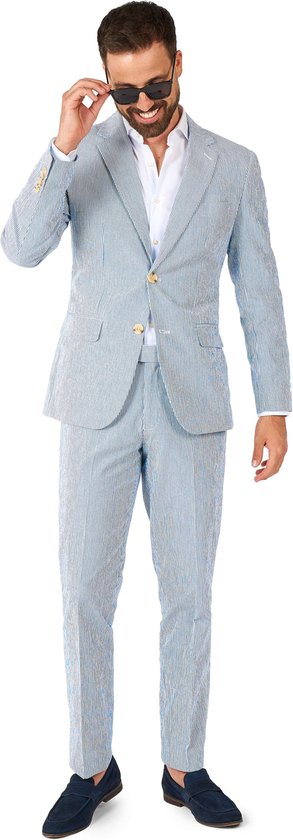 OppoSuits Daily Seer Sucker - Casual Heren Pak - Casual Chic Outfit - Inclusief Pantalon en Blazer - Blauw - Maat: EU 48