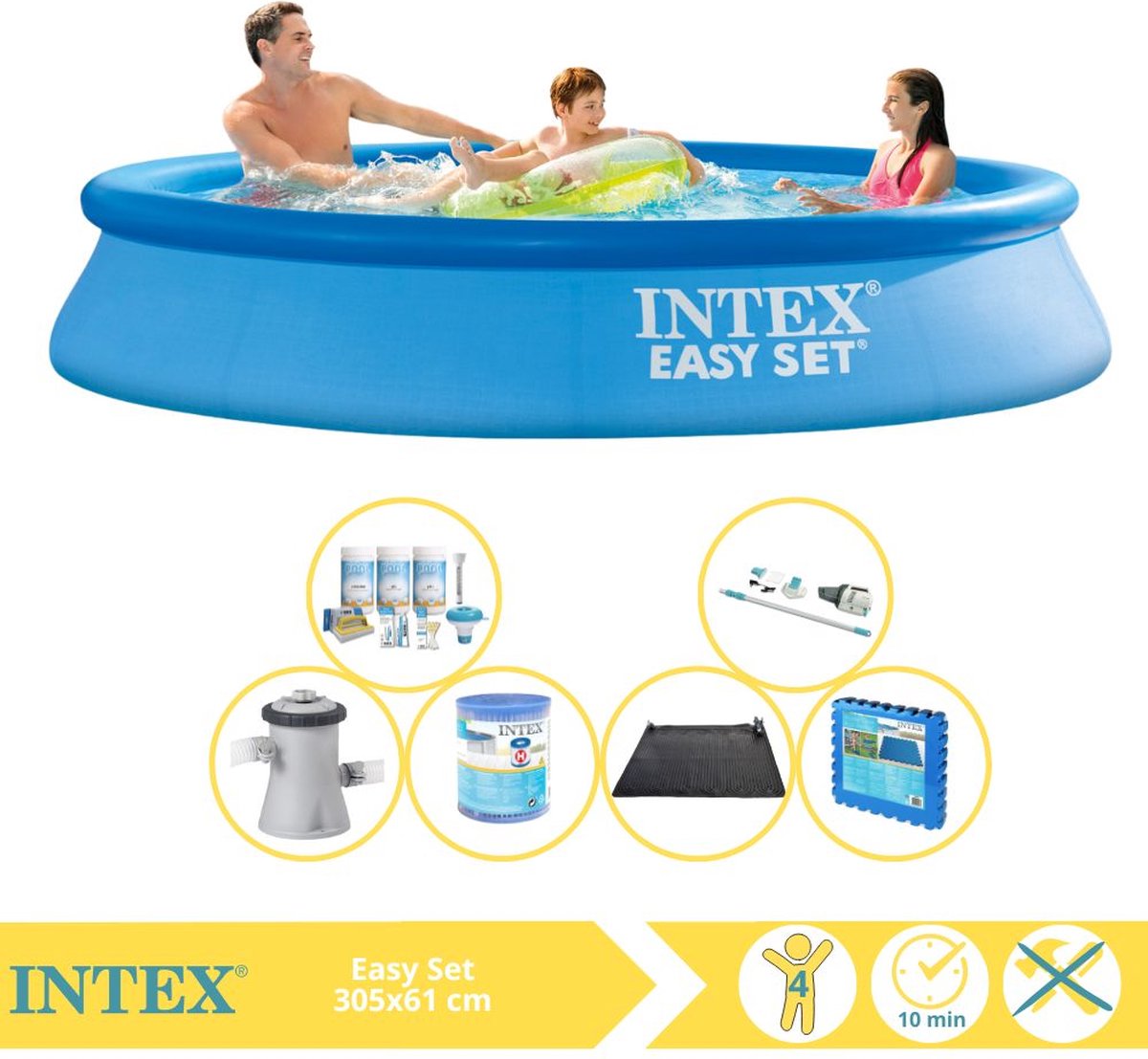 Intex Easy Set Zwembad - Opblaaszwembad - 305x61 cm - Inclusief Onderhoudspakket, Zwembadpomp, Filter, Stofzuiger, Solar Mat en Zwembadtegels